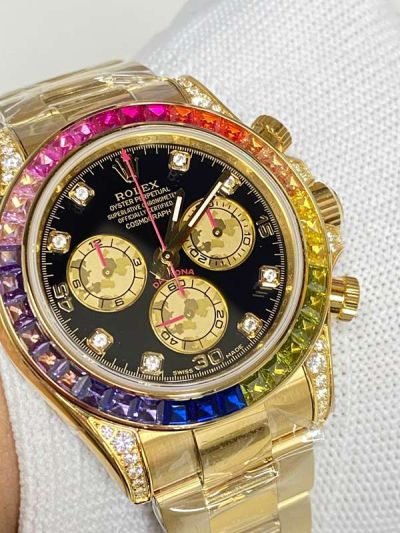 Rolex Daytona Replica with Rainbow Diamond Bezel Cal 7750 Movement 316L Steel Gold Strap Watch